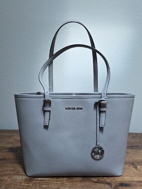 Michael Kors Light Gray Saffiano Tote with Logo Charm